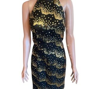 Dave & Johnny Black Halter Backless Dress with Gold Sequins S